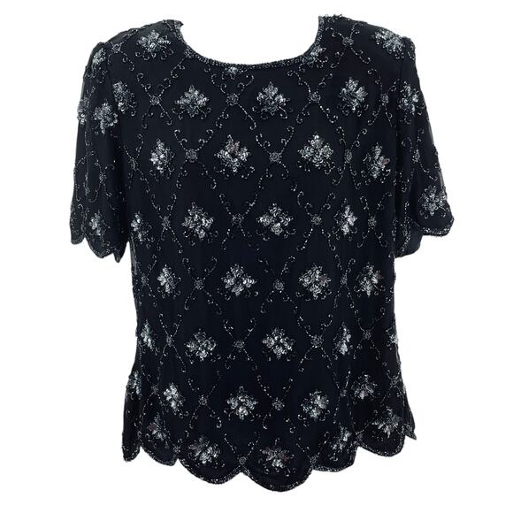 Stenay Tops - Stenay Vintage Black Silk Beaded Evening Short Sleeve Cocktail Formal Top L
